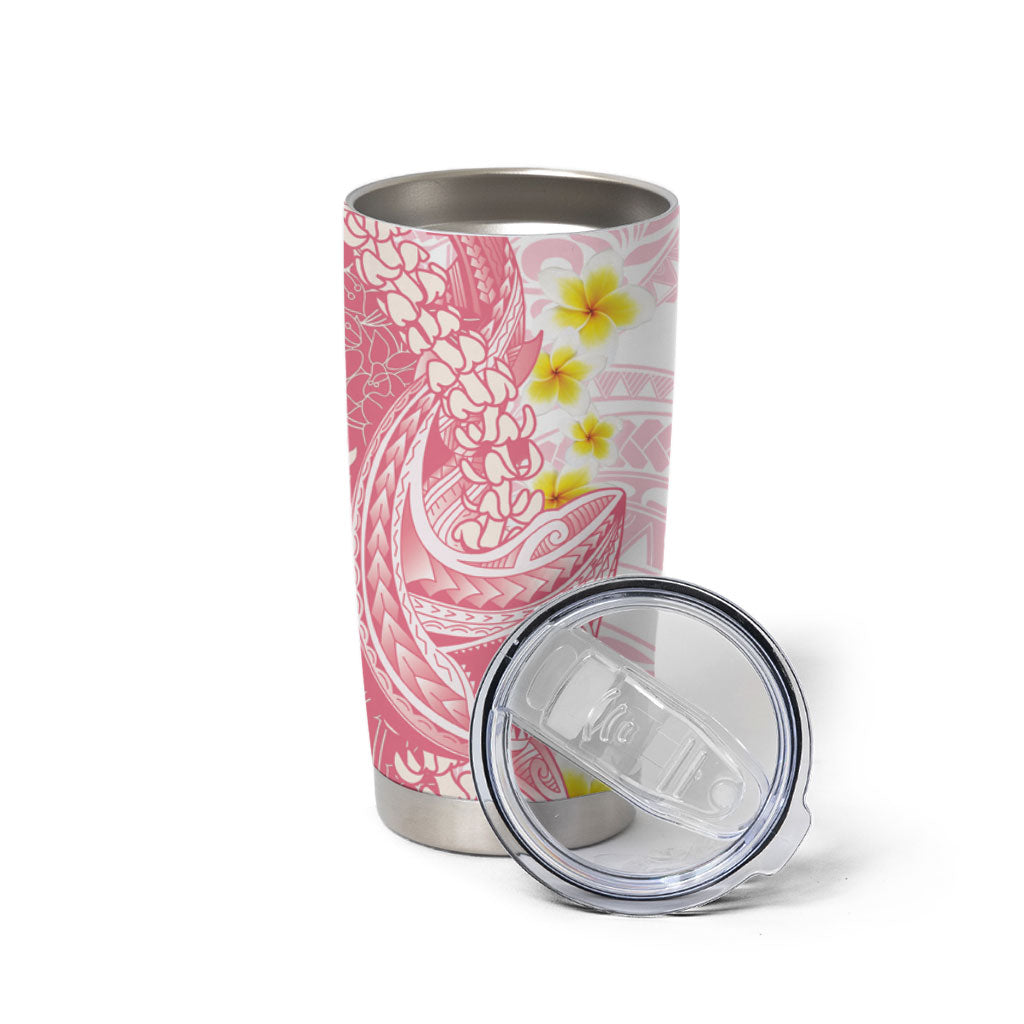 Pink Hawaii Shark Tattoo Tumbler Cup Puakenikeni Lei Plumeria Polynesian Pattern
