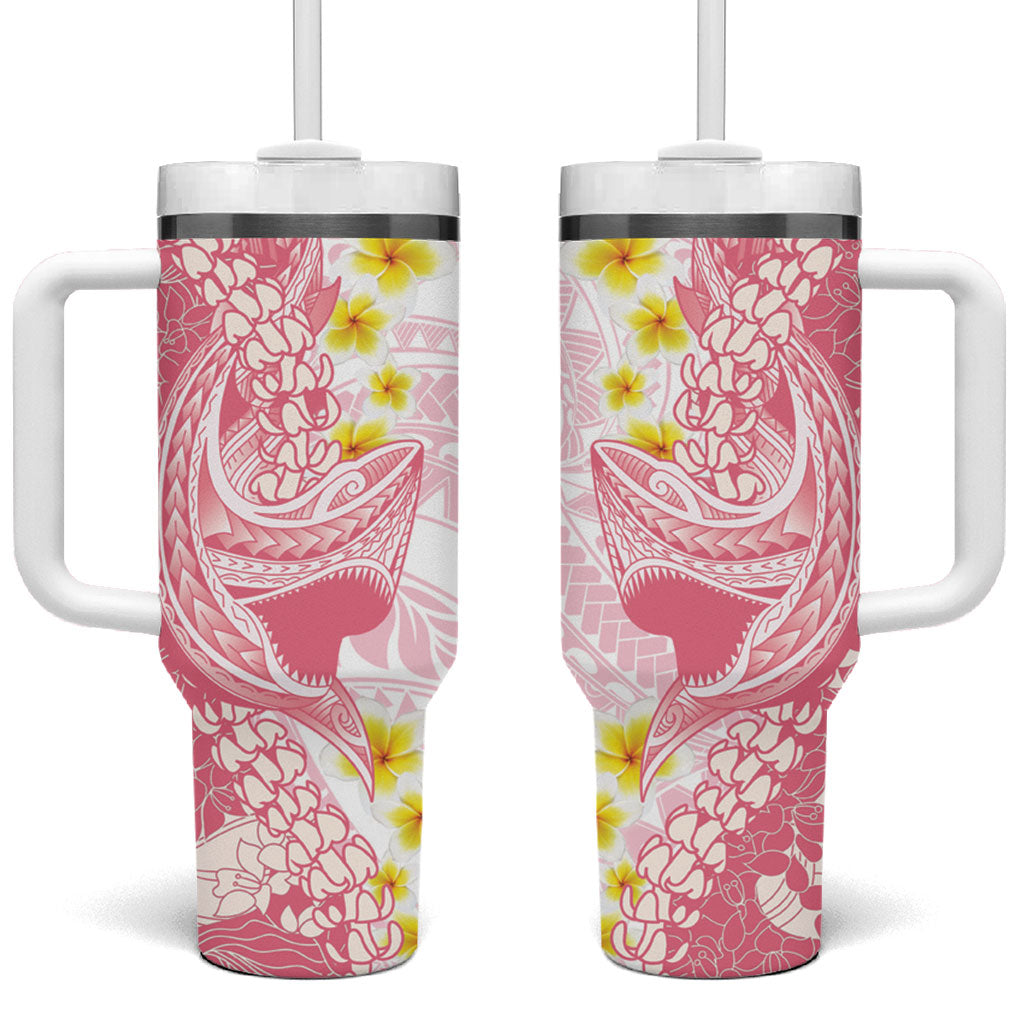 Pink Hawaii Shark Tattoo Tumbler With Handle Puakenikeni Lei Plumeria Polynesian Pattern