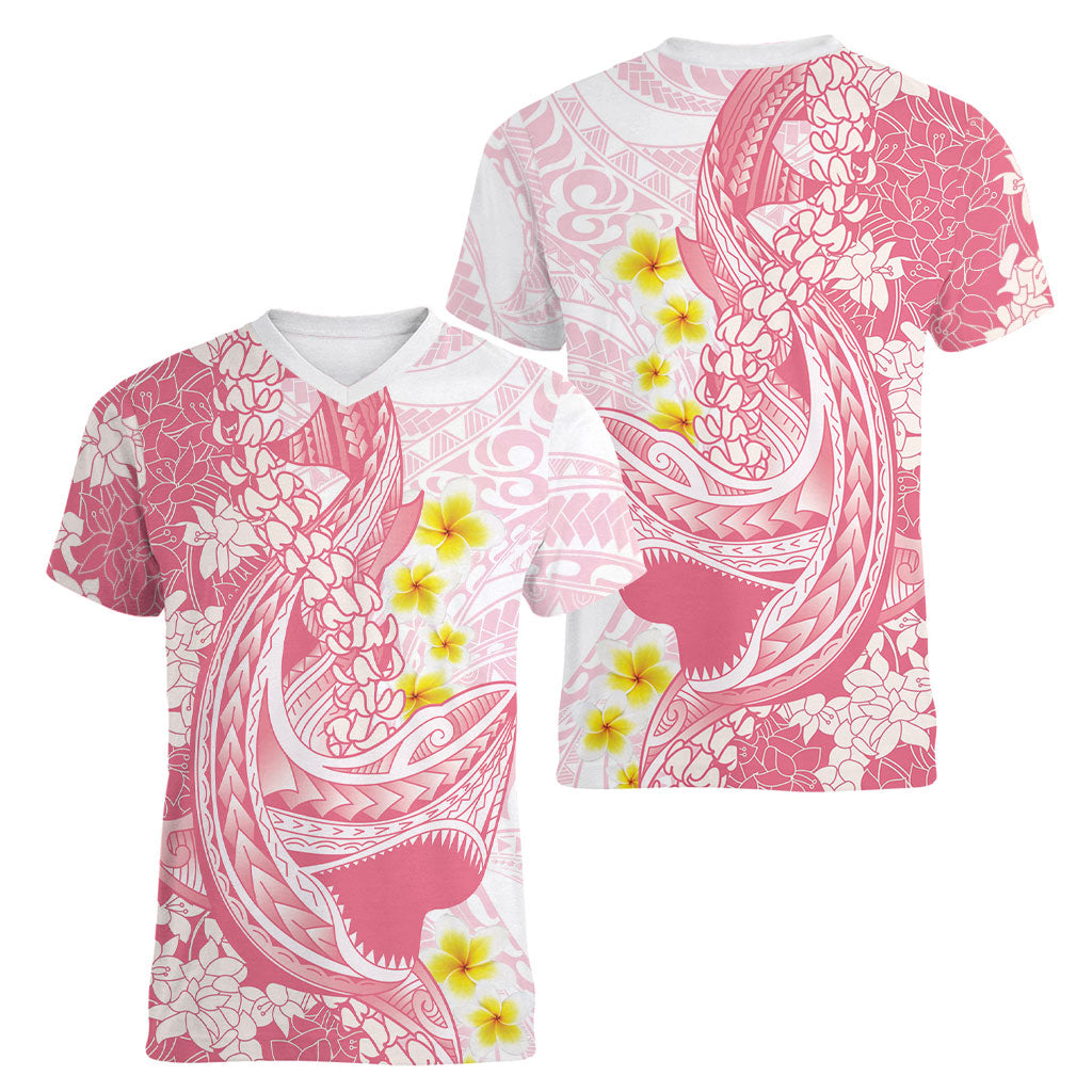 Pink Hawaii Shark Tattoo Women V-Neck T-Shirt Puakenikeni Lei Plumeria Polynesian Pattern LT14 - Polynesian Pride