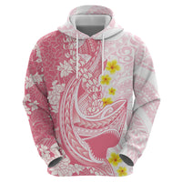 Pink Hawaii Shark Tattoo Zip Hoodie Puakenikeni Lei Plumeria Polynesian Pattern