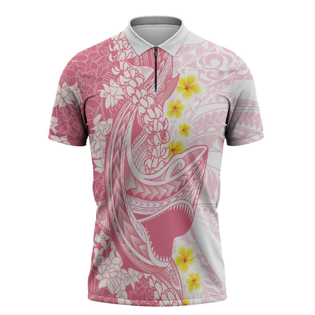 Pink Hawaii Shark Tattoo Zipper Polo Shirt Puakenikeni Lei Plumeria Polynesian Pattern