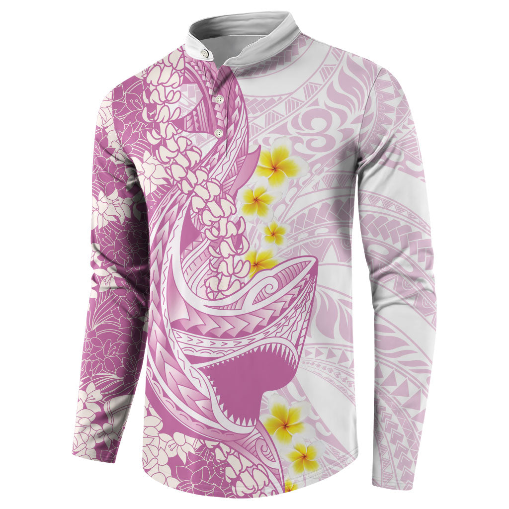 Purple Hawaii Shark Tattoo Button Sweatshirt Puakenikeni Lei Plumeria Polynesian Pattern