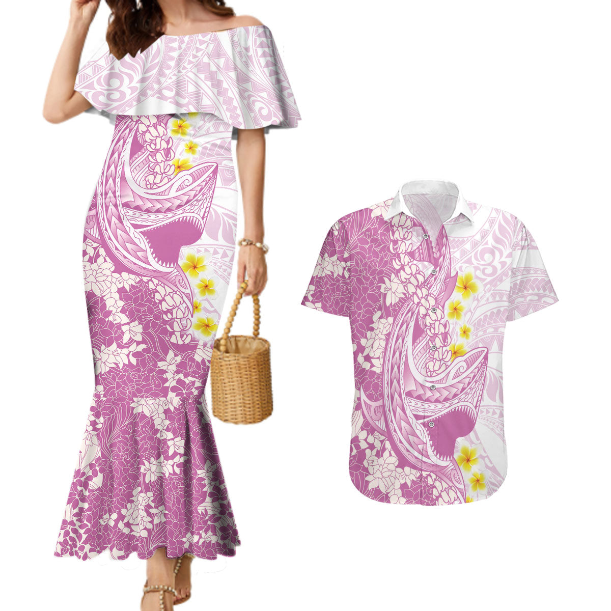 Purple Hawaii Shark Tattoo Couples Matching Mermaid Dress and Hawaiian Shirt Puakenikeni Lei Plumeria Polynesian Pattern
