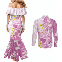Purple Hawaii Shark Tattoo Couples Matching Mermaid Dress and Long Sleeve Button Shirt Puakenikeni Lei Plumeria Polynesian Pattern LT14 - Polynesian Pride