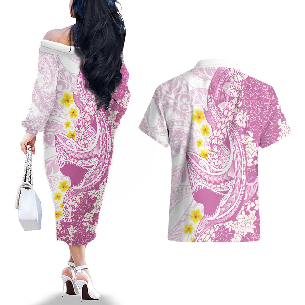 Purple Hawaii Shark Tattoo Couples Matching Off The Shoulder Long Sleeve Dress and Hawaiian Shirt Puakenikeni Lei Plumeria Polynesian Pattern LT14 - Polynesian Pride