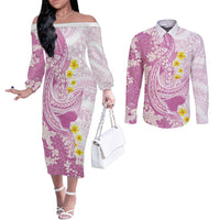 Purple Hawaii Shark Tattoo Couples Matching Off The Shoulder Long Sleeve Dress and Long Sleeve Button Shirt Puakenikeni Lei Plumeria Polynesian Pattern LT14 Purple - Polynesian Pride