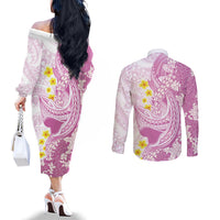 Purple Hawaii Shark Tattoo Couples Matching Off The Shoulder Long Sleeve Dress and Long Sleeve Button Shirt Puakenikeni Lei Plumeria Polynesian Pattern LT14 - Polynesian Pride