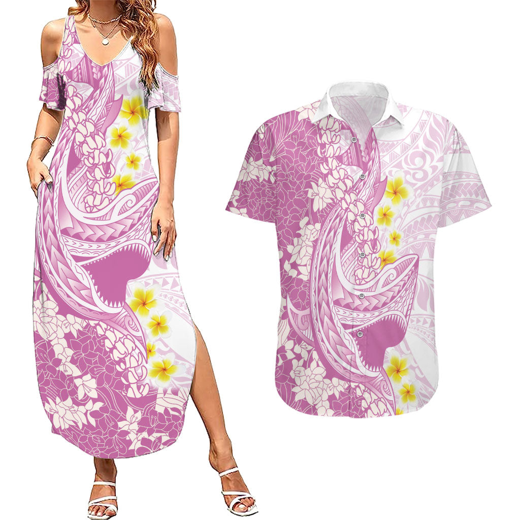 Purple Hawaii Shark Tattoo Couples Matching Summer Maxi Dress and Hawaiian Shirt Puakenikeni Lei Plumeria Polynesian Pattern LT14 Purple - Polynesian Pride