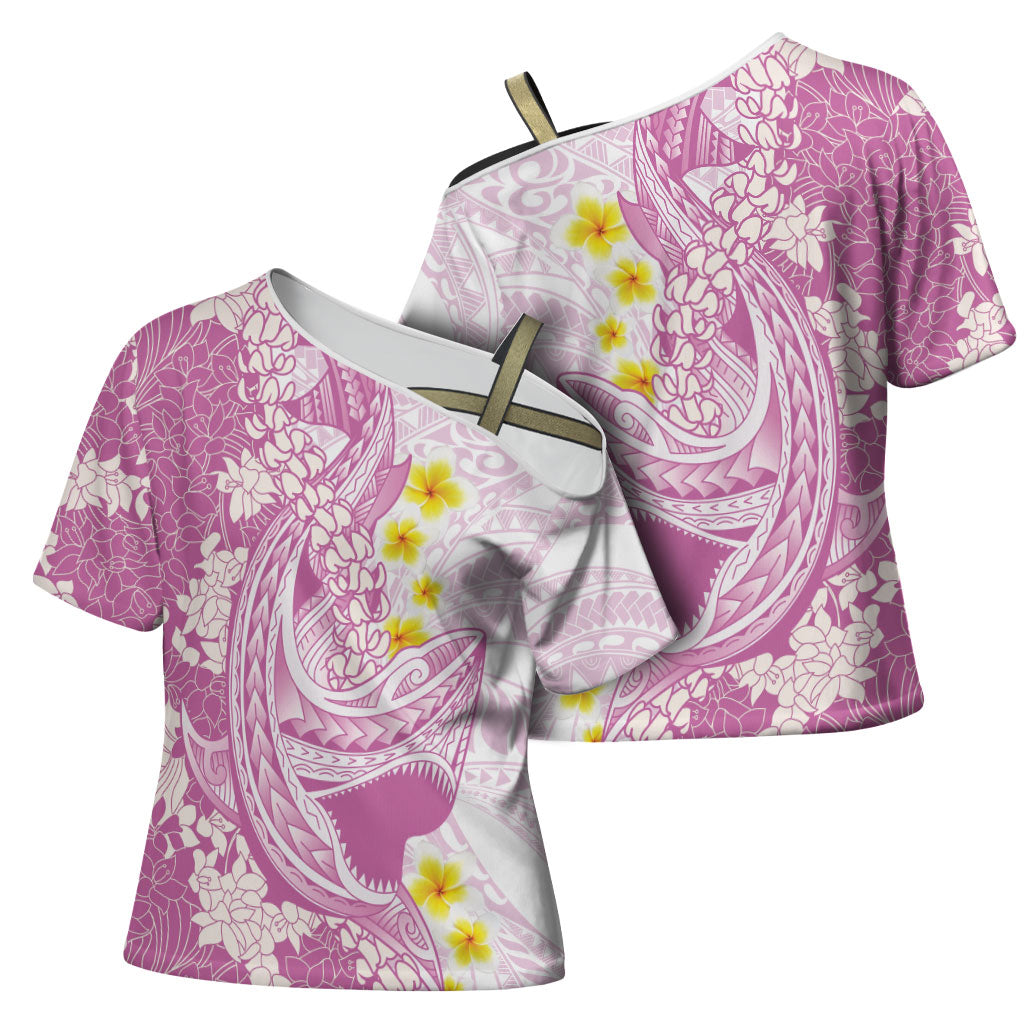 Purple Hawaii Shark Tattoo Cross Shoulder Shirt Puakenikeni Lei Plumeria Polynesian Pattern