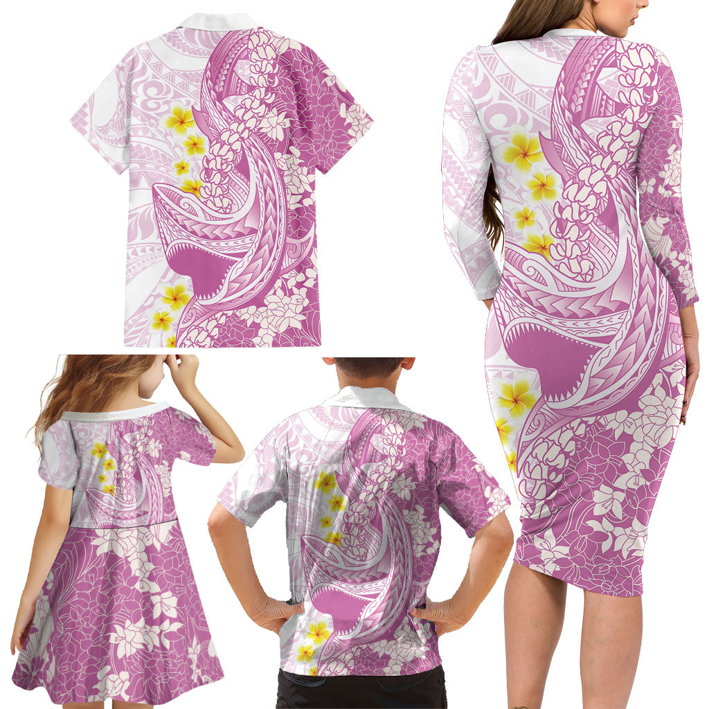Purple Hawaii Shark Tattoo Family Matching Long Sleeve Bodycon Dress and Hawaiian Shirt Puakenikeni Lei Plumeria Polynesian Pattern LT14 - Polynesian Pride