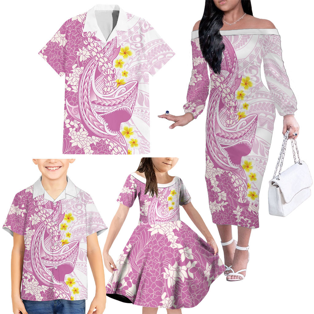 Purple Hawaii Shark Tattoo Family Matching Off The Shoulder Long Sleeve Dress and Hawaiian Shirt Puakenikeni Lei Plumeria Polynesian Pattern LT14 - Polynesian Pride