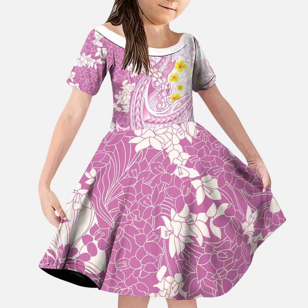 Purple Hawaii Shark Tattoo Family Matching Off Shoulder Maxi Dress and Hawaiian Shirt Puakenikeni Lei Plumeria Polynesian Pattern LT14 Daughter's Dress Purple - Polynesian Pride