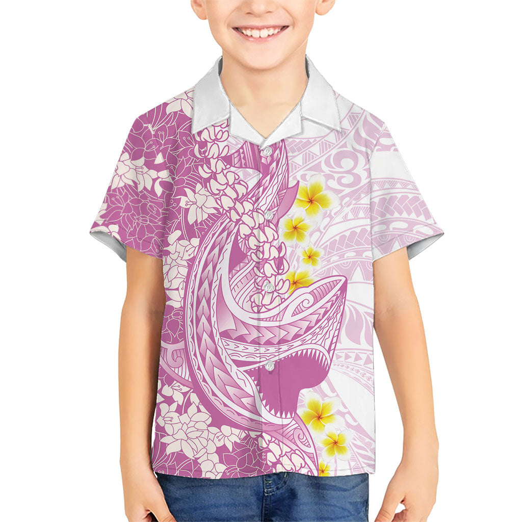 Purple Hawaii Shark Tattoo Family Matching Off Shoulder Short Dress and Hawaiian Shirt Puakenikeni Lei Plumeria Polynesian Pattern LT14 Son's Shirt Purple - Polynesian Pride