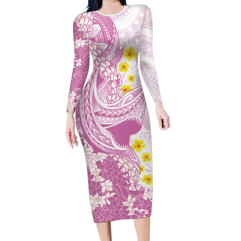 Purple Hawaii Shark Tattoo Long Sleeve Bodycon Dress Puakenikeni Lei Plumeria Polynesian Pattern LT14 Long Dress Purple - Polynesian Pride