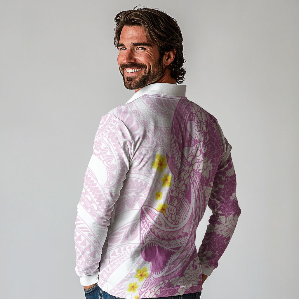 Purple Hawaii Shark Tattoo Long Sleeve Polo Shirt Puakenikeni Lei Plumeria Polynesian Pattern LT14 - Polynesian Pride
