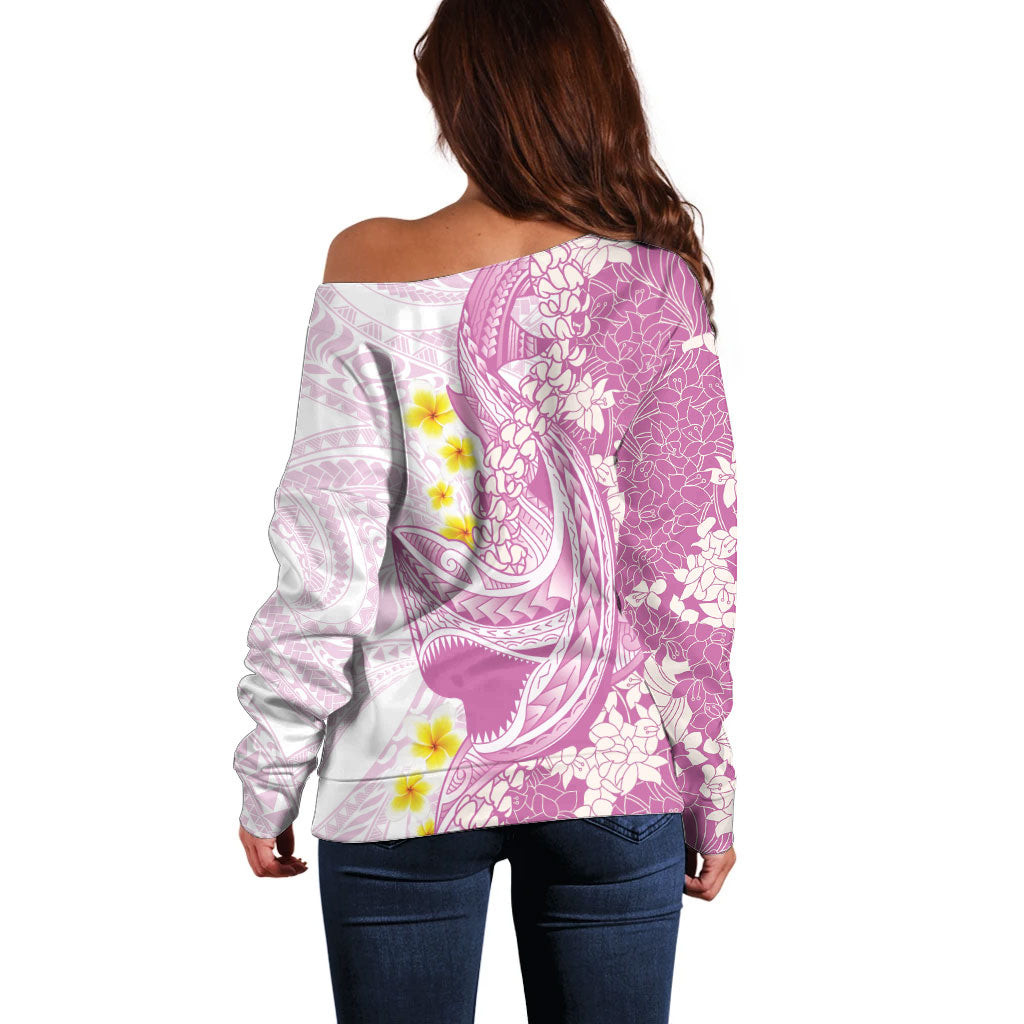 Purple Hawaii Shark Tattoo Off Shoulder Sweater Puakenikeni Lei Plumeria Polynesian Pattern
