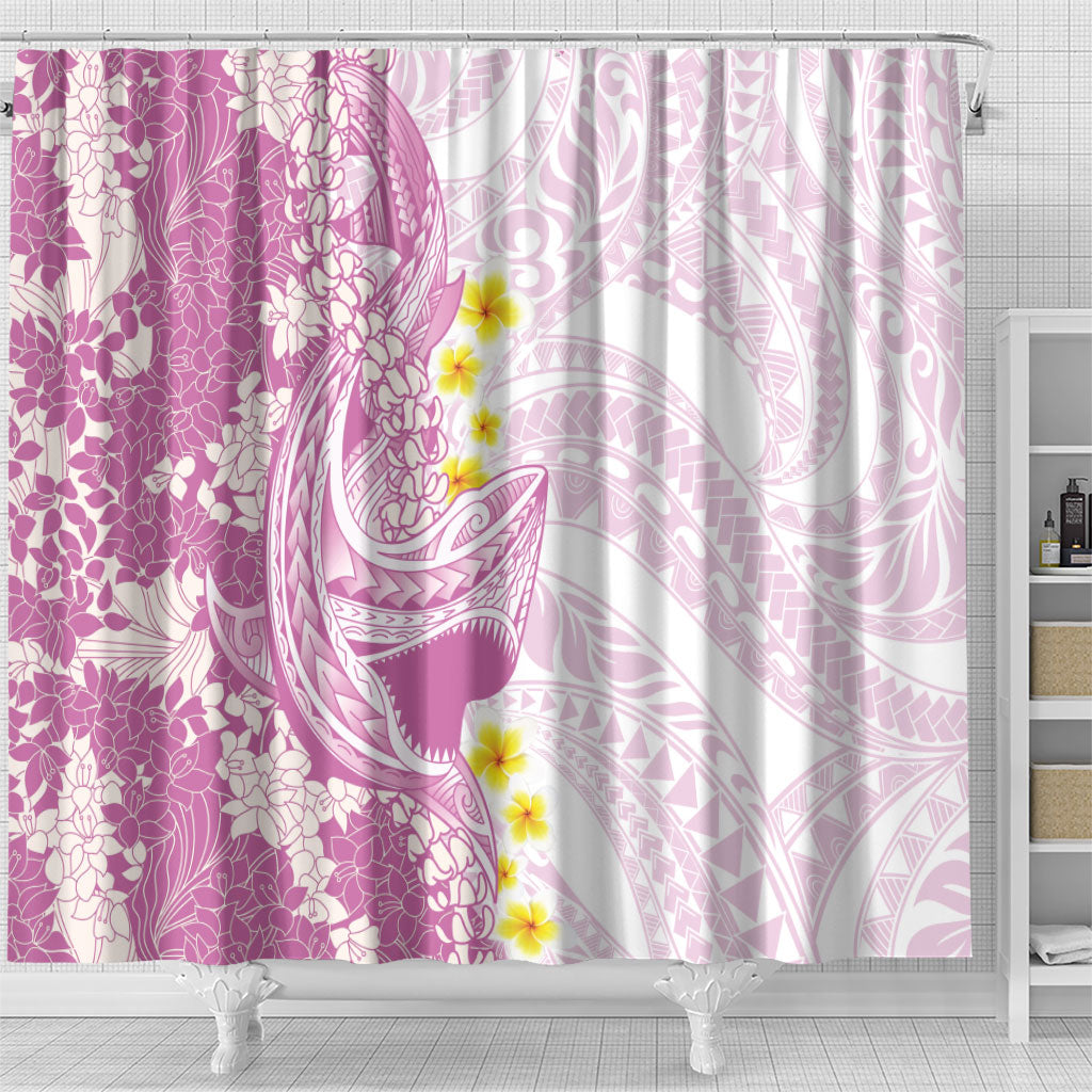 Purple Hawaii Shark Tattoo Shower Curtain Puakenikeni Lei Plumeria Polynesian Pattern