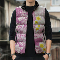 Purple Hawaii Shark Tattoo Sleeveless Puffer Jacket Puakenikeni Lei Plumeria Polynesian Pattern