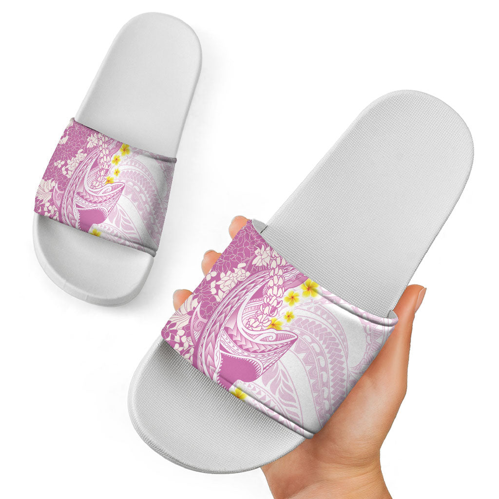 Purple Hawaii Shark Tattoo Slide Sandals Puakenikeni Lei Plumeria Polynesian Pattern