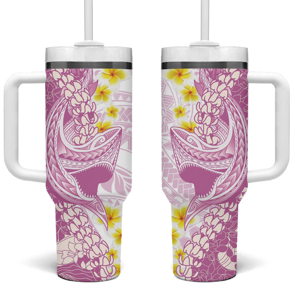 Purple Hawaii Shark Tattoo Tumbler With Handle Puakenikeni Lei Plumeria Polynesian Pattern