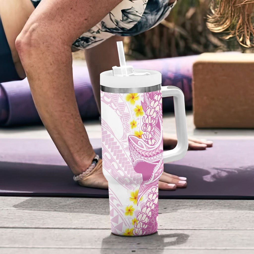 Purple Hawaii Shark Tattoo Tumbler With Handle Puakenikeni Lei Plumeria Polynesian Pattern