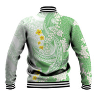 Green Hawaii Shark Tattoo Baseball Jacket Puakenikeni Lei Plumeria Polynesian Pattern