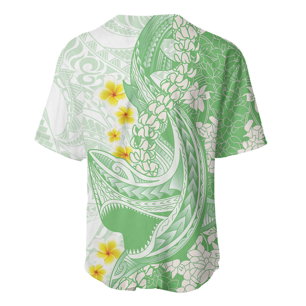 Green Hawaii Shark Tattoo Baseball Jersey Puakenikeni Lei Plumeria Polynesian Pattern