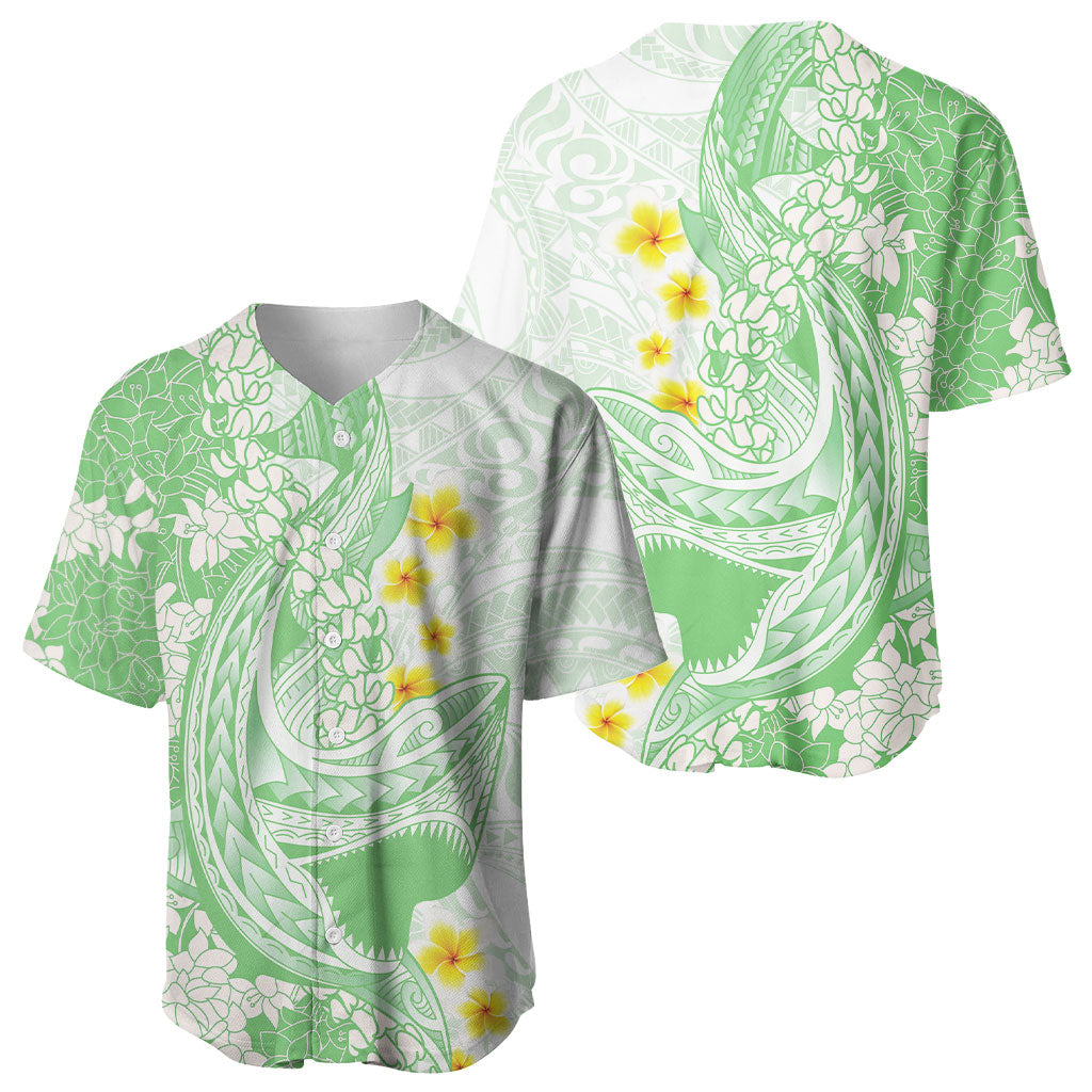 Green Hawaii Shark Tattoo Baseball Jersey Puakenikeni Lei Plumeria Polynesian Pattern
