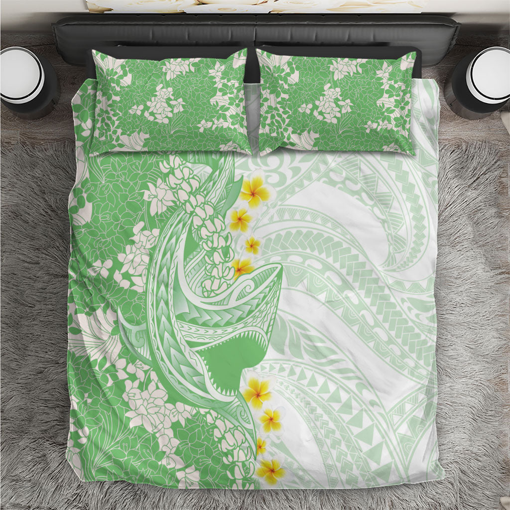 Green Hawaii Shark Tattoo Bedding Set Puakenikeni Lei Plumeria Polynesian Pattern