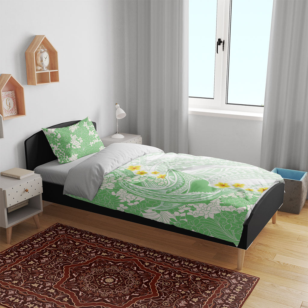 Green Hawaii Shark Tattoo Bedding Set Puakenikeni Lei Plumeria Polynesian Pattern