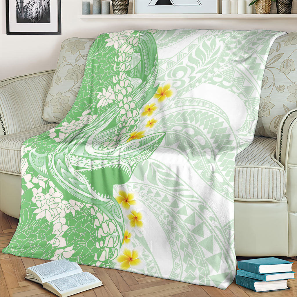 Green Hawaii Shark Tattoo Blanket Puakenikeni Lei Plumeria Polynesian Pattern