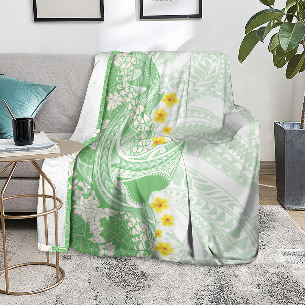 Green Hawaii Shark Tattoo Blanket Puakenikeni Lei Plumeria Polynesian Pattern