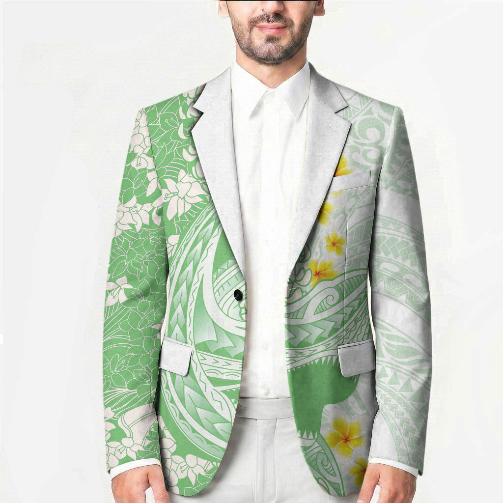 Green Hawaii Shark Tattoo Blazer Puakenikeni Lei Plumeria Polynesian Pattern LT14 - Polynesian Pride