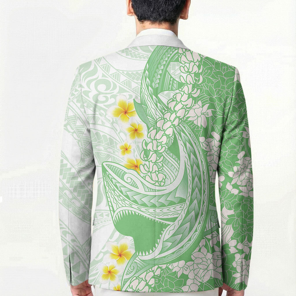 Green Hawaii Shark Tattoo Blazer Puakenikeni Lei Plumeria Polynesian Pattern LT14 - Polynesian Pride