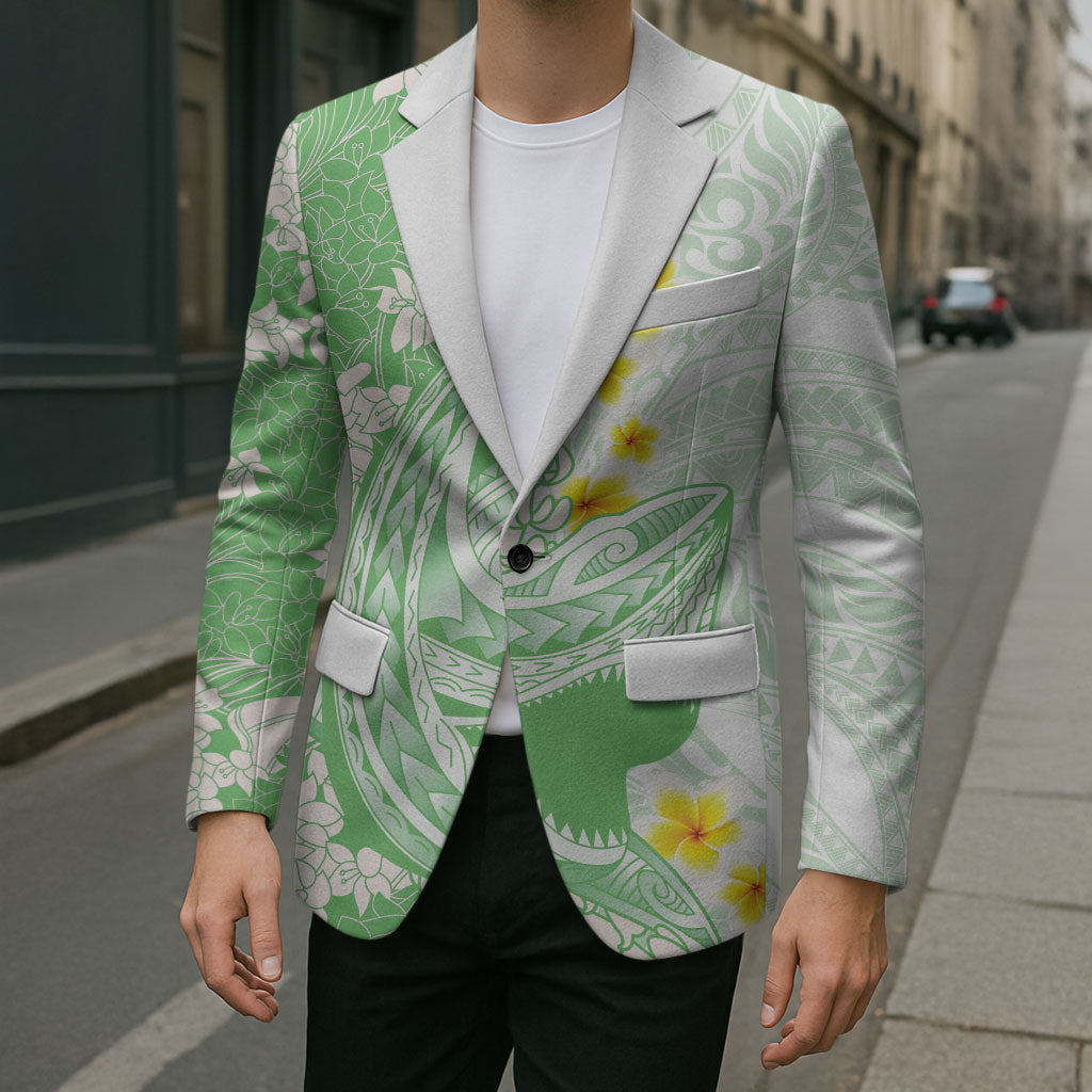 Green Hawaii Shark Tattoo Blazer Puakenikeni Lei Plumeria Polynesian Pattern LT14 - Polynesian Pride