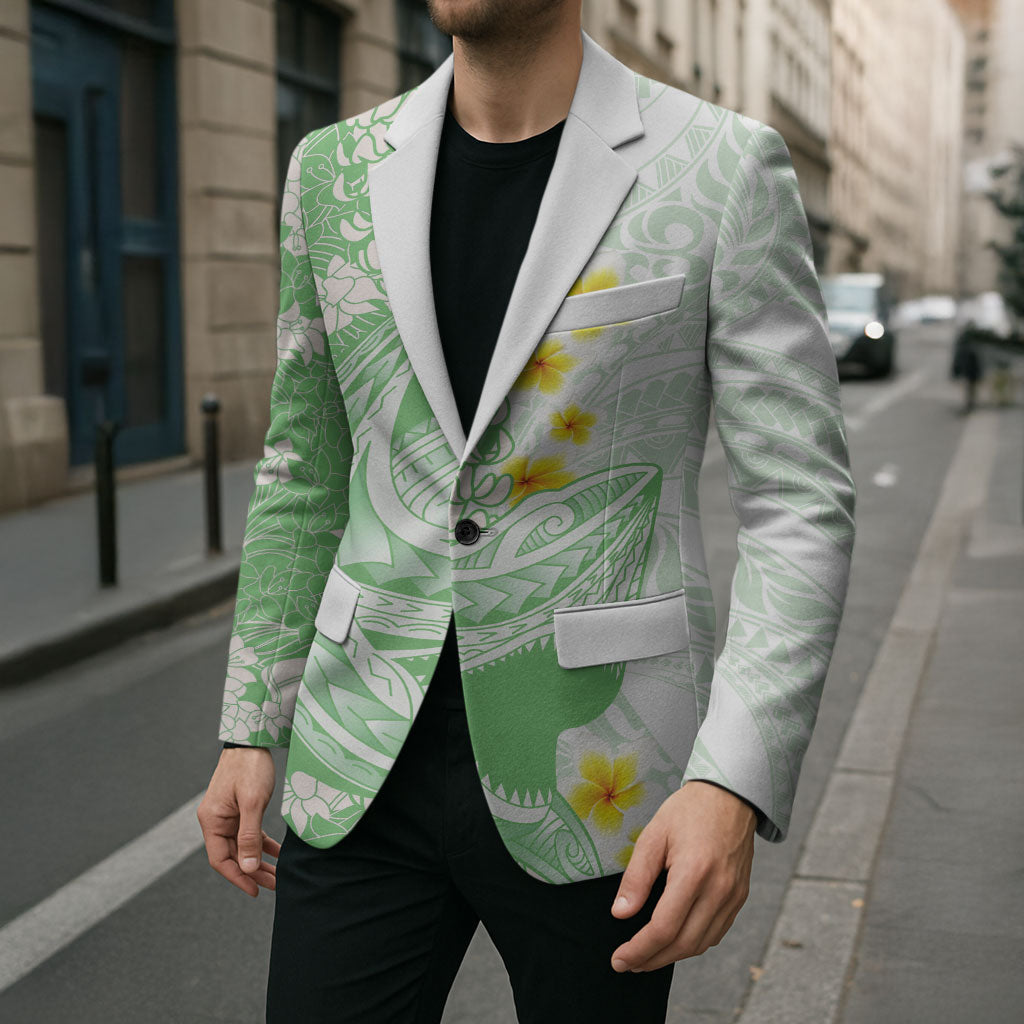Green Hawaii Shark Tattoo Blazer Puakenikeni Lei Plumeria Polynesian Pattern LT14 - Polynesian Pride