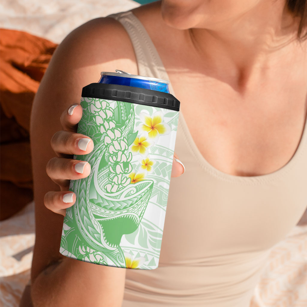 Green Hawaii Shark Tattoo 4 in 1 Can Cooler Tumbler Puakenikeni Lei Plumeria Polynesian Pattern LT14 - Polynesian Pride