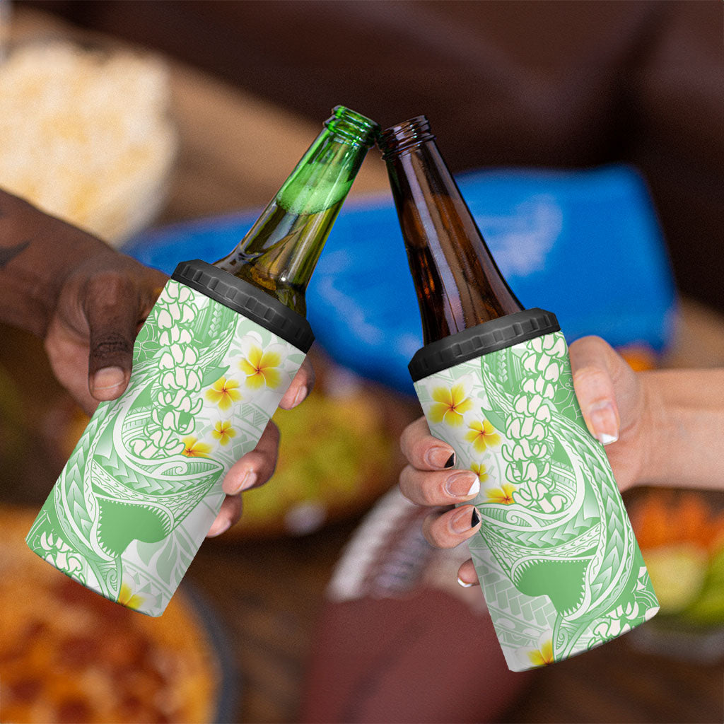Green Hawaii Shark Tattoo 4 in 1 Can Cooler Tumbler Puakenikeni Lei Plumeria Polynesian Pattern LT14 - Polynesian Pride