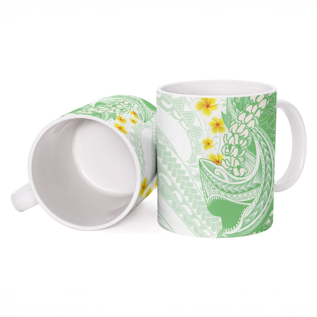 Green Hawaii Shark Tattoo Ceramic Mug Puakenikeni Lei Plumeria Polynesian Pattern