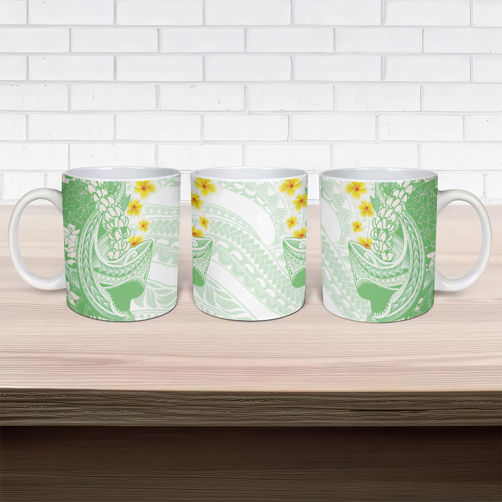 Green Hawaii Shark Tattoo Ceramic Mug Puakenikeni Lei Plumeria Polynesian Pattern