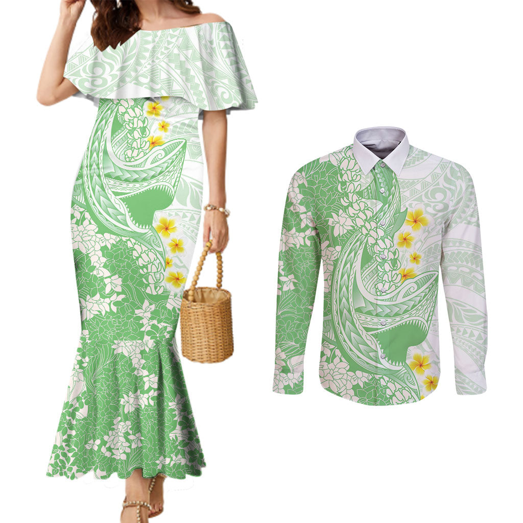 Green Hawaii Shark Tattoo Couples Matching Mermaid Dress and Long Sleeve Button Shirt Puakenikeni Lei Plumeria Polynesian Pattern LT14 Green - Polynesian Pride