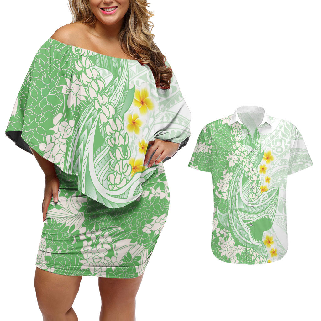 Green Hawaii Shark Tattoo Couples Matching Off Shoulder Short Dress and Hawaiian Shirt Puakenikeni Lei Plumeria Polynesian Pattern LT14 Green - Polynesian Pride