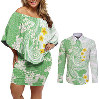 Green Hawaii Shark Tattoo Couples Matching Off Shoulder Short Dress and Long Sleeve Button Shirt Puakenikeni Lei Plumeria Polynesian Pattern LT14 Green - Polynesian Pride