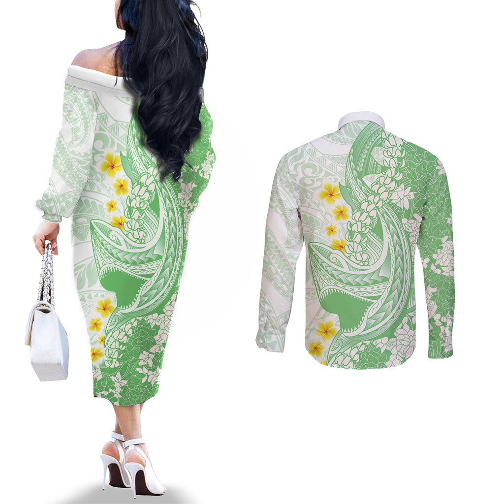 Green Hawaii Shark Tattoo Couples Matching Off The Shoulder Long Sleeve Dress and Long Sleeve Button Shirt Puakenikeni Lei Plumeria Polynesian Pattern LT14 - Polynesian Pride