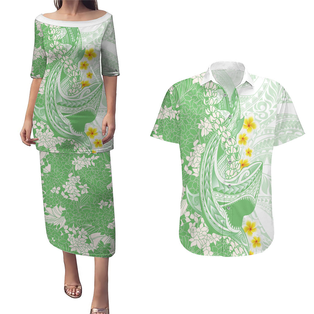 Green Hawaii Shark Tattoo Couples Matching Puletasi and Hawaiian Shirt Puakenikeni Lei Plumeria Polynesian Pattern LT14 Green - Polynesian Pride