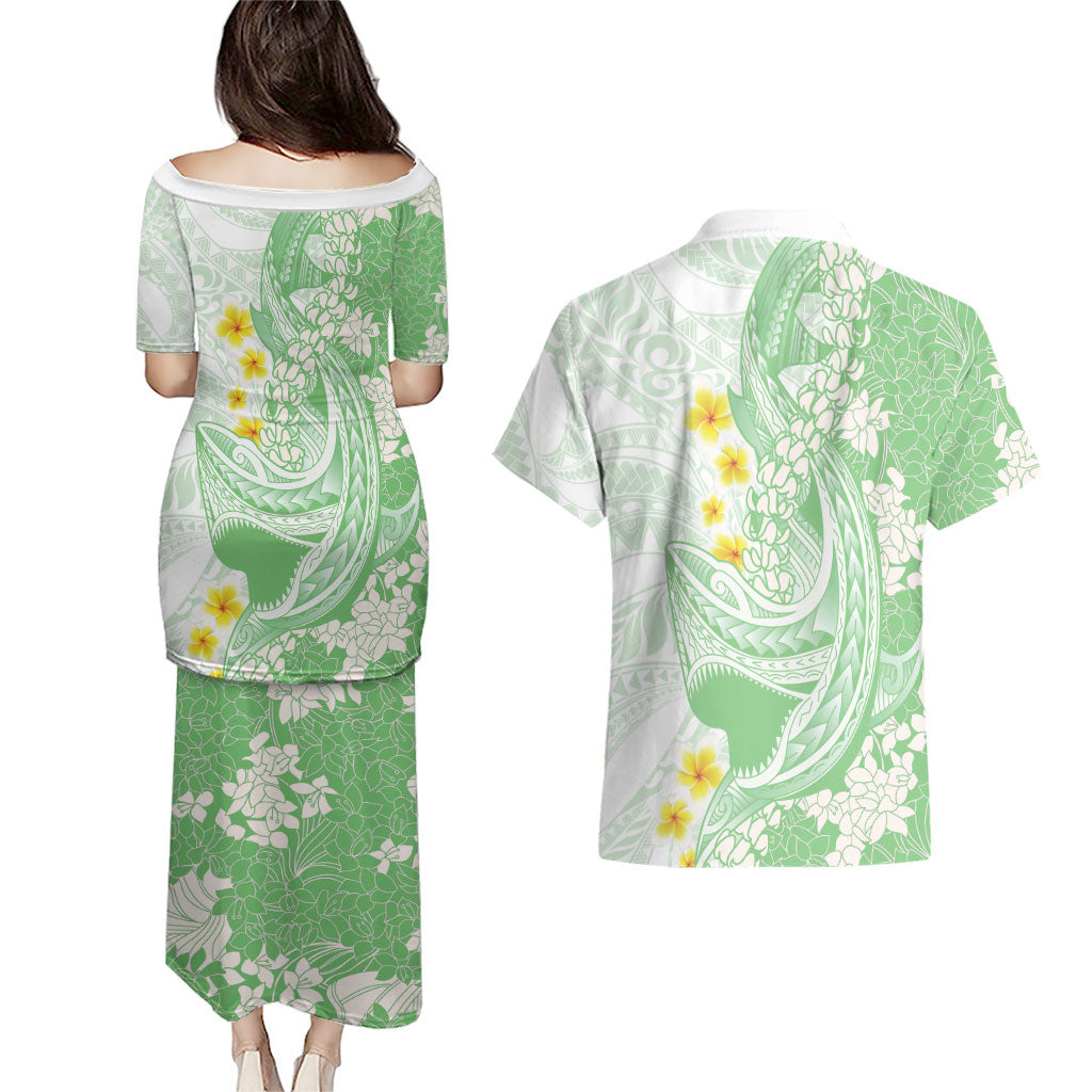 Green Hawaii Shark Tattoo Couples Matching Puletasi and Hawaiian Shirt Puakenikeni Lei Plumeria Polynesian Pattern LT14 - Polynesian Pride