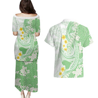 Green Hawaii Shark Tattoo Couples Matching Puletasi and Hawaiian Shirt Puakenikeni Lei Plumeria Polynesian Pattern LT14 - Polynesian Pride