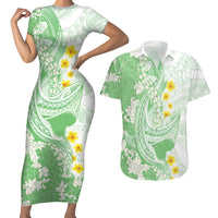 Green Hawaii Shark Tattoo Couples Matching Short Sleeve Bodycon Dress and Hawaiian Shirt Puakenikeni Lei Plumeria Polynesian Pattern LT14 Green - Polynesian Pride