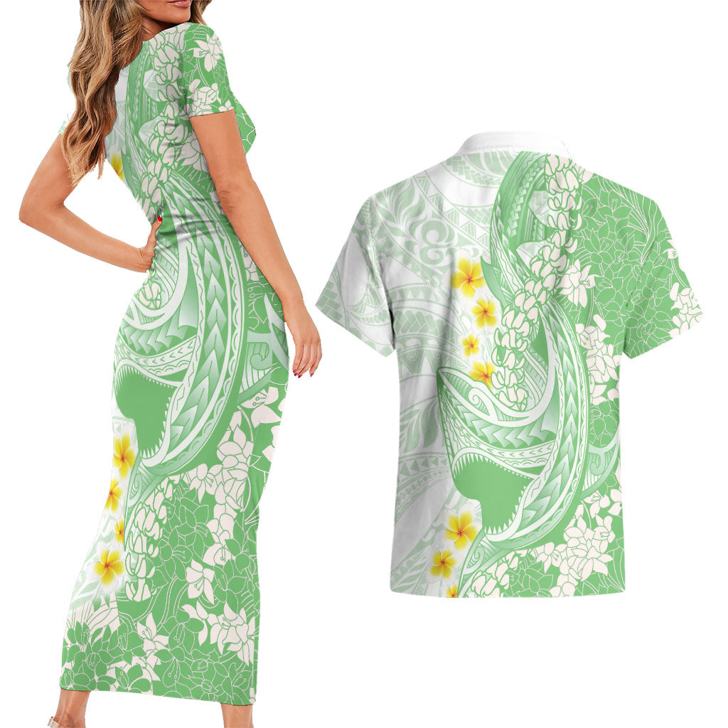Green Hawaii Shark Tattoo Couples Matching Short Sleeve Bodycon Dress and Hawaiian Shirt Puakenikeni Lei Plumeria Polynesian Pattern LT14 - Polynesian Pride