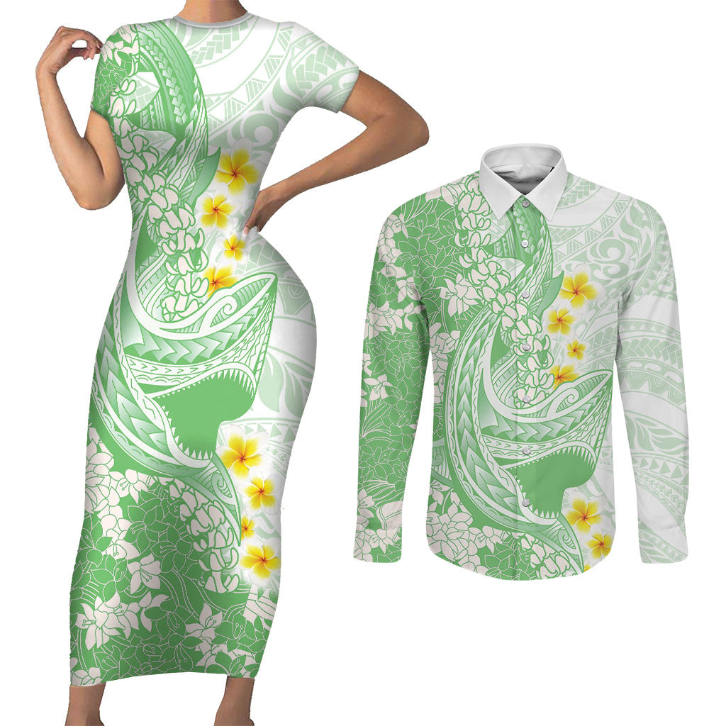 Green Hawaii Shark Tattoo Couples Matching Short Sleeve Bodycon Dress and Long Sleeve Button Shirt Puakenikeni Lei Plumeria Polynesian Pattern LT14 Green - Polynesian Pride